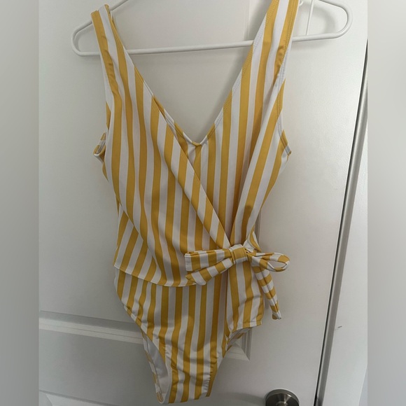 Jillian Harris Imagine Perry Colab Yellow Striped Wrap Swimsuit Size Small EUC - Picture 1 of 3